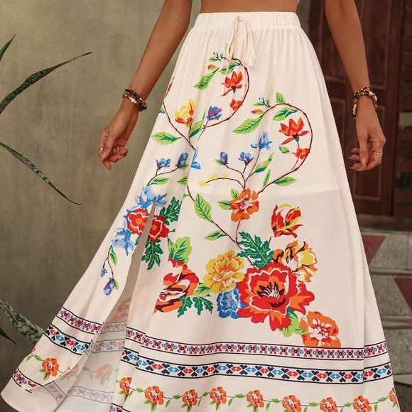 White boho Womens Floral Print Knot Waist Split Thigh Skirt - Picture 3 of 5